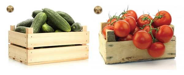 огурцы и помидоры в ящиках